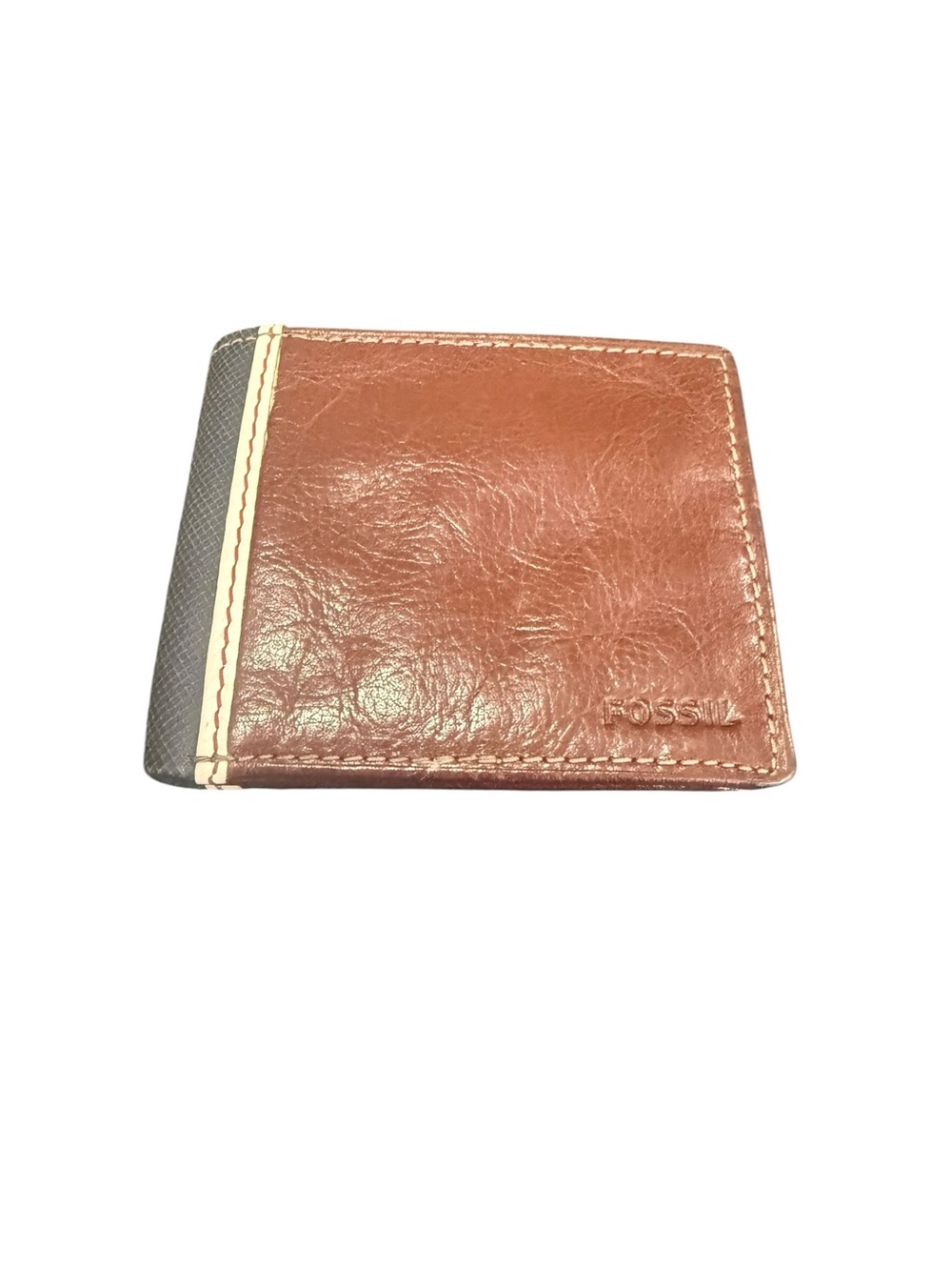 Fossil Brown Leather Mens Bi-Fold Wallet with Gray Accent